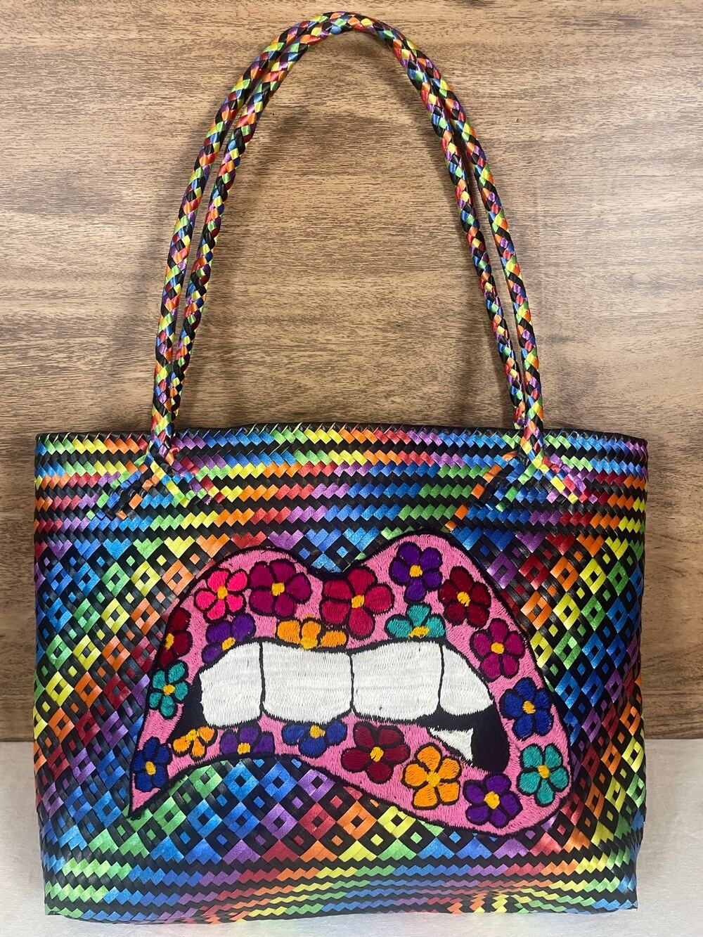 Mexican Woven Plastic Ribbon Tote Bag Rainbow Embroidered Floral Lips Beach